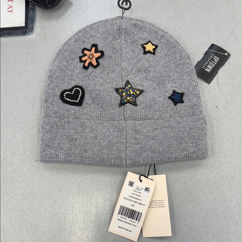 Cinq a sept  Gray Beanie with Fun Patches one size nwt